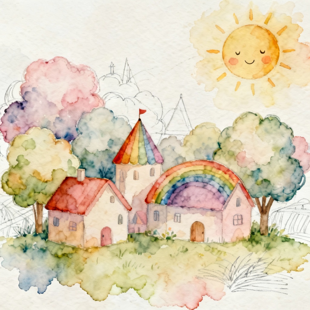 AI childlike watercolor rainbow houses and smiling sun