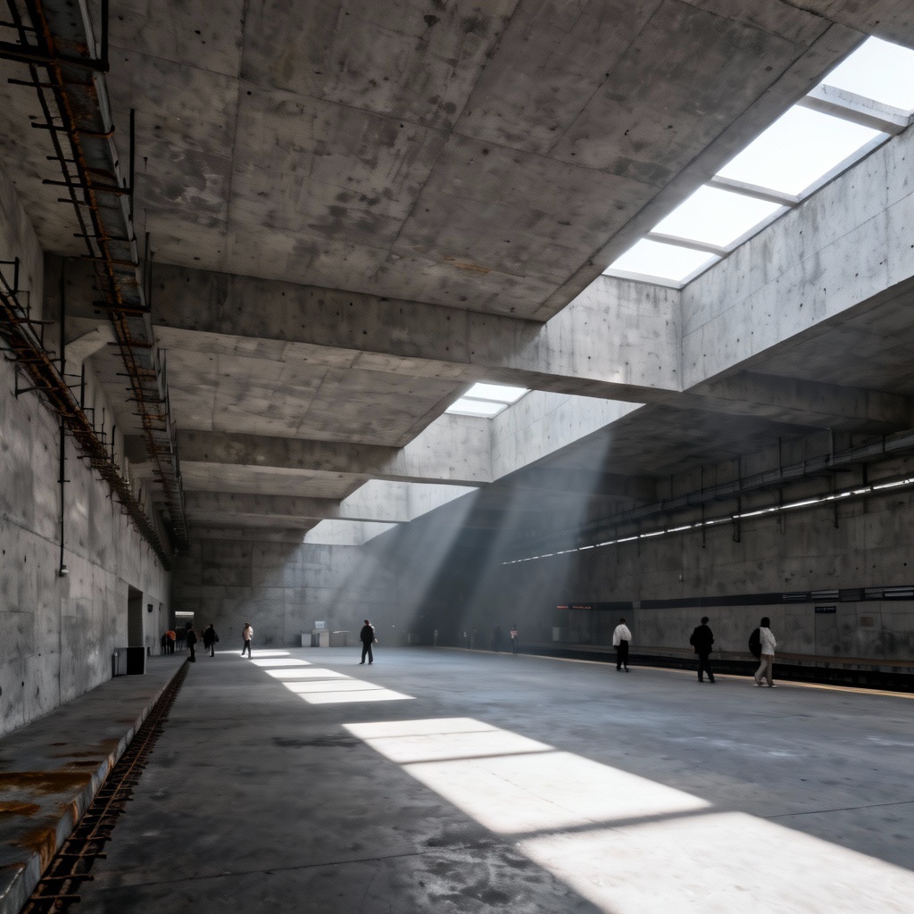 Brutalist metro station with concrete geometry and moody light