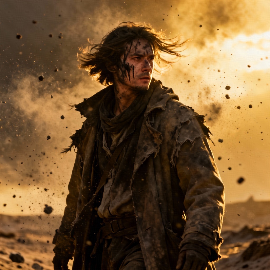 AI ash person as post apocalyptic wanderer with ash particles