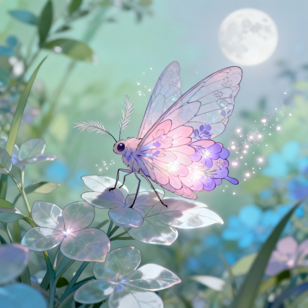 AI fairy grass moth surrounded by moonlit flowers