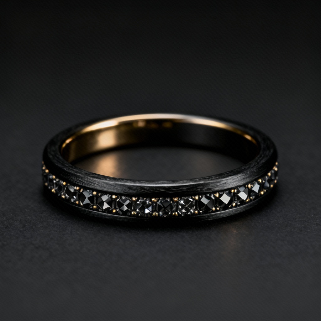 AI black diamond pavé eternity ring on matte background