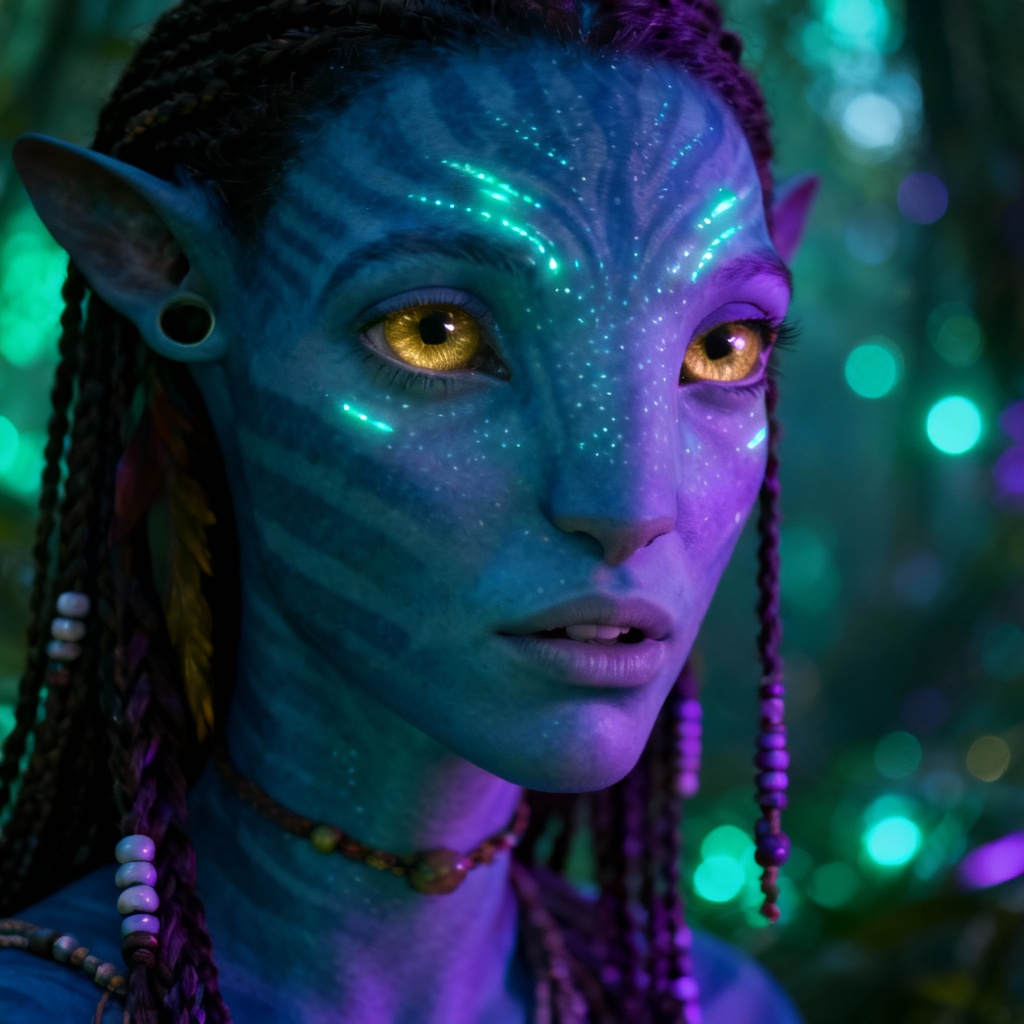 AI-generated Pandora-style blue alien avatar with glowing face markings