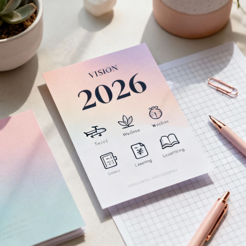 AI-generated 2026 vision card with goals, icons, and affirmations