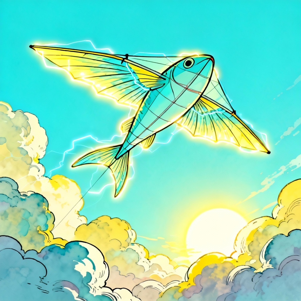 AI electric flying kite fish gliding above clouds