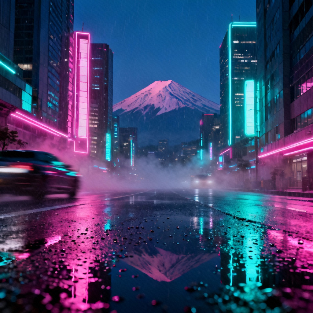 AI cyberpunk cityscape with Mount Fuji silhouette in neon colors