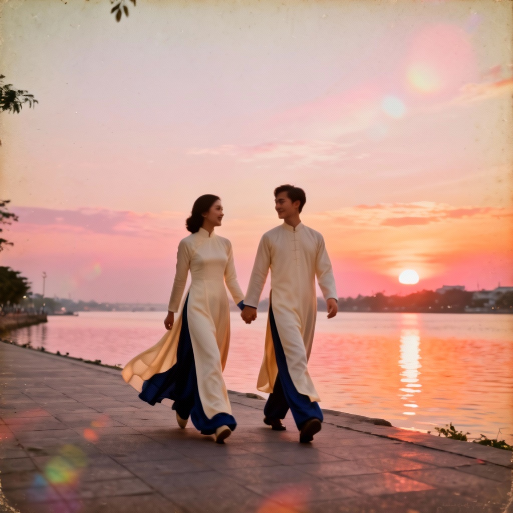 Couple in ao dai by the Saigon River at sunset