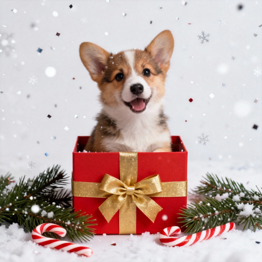 AI Christmas pet portrait in gift box with bow