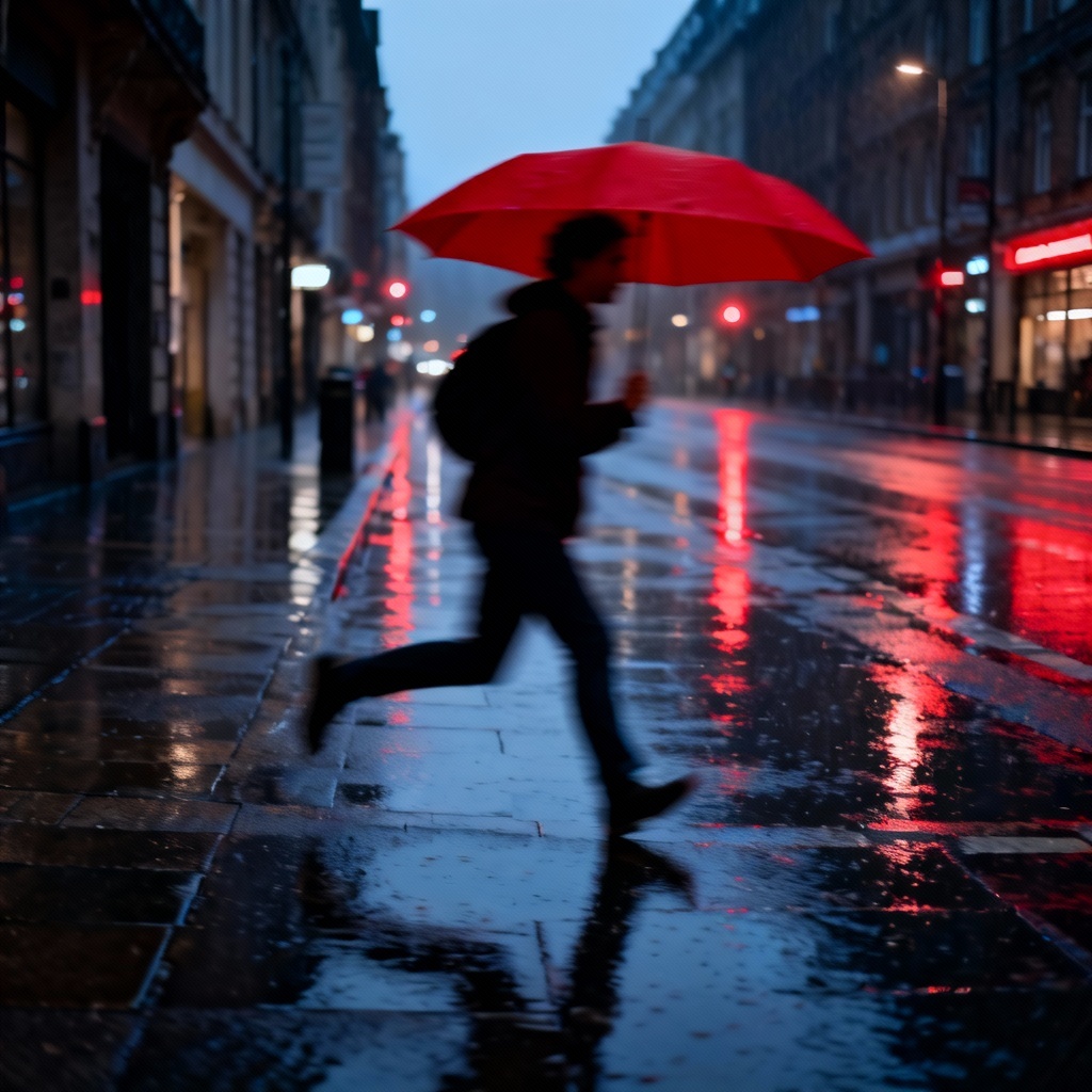 AI candid rainy street scene with umbrella