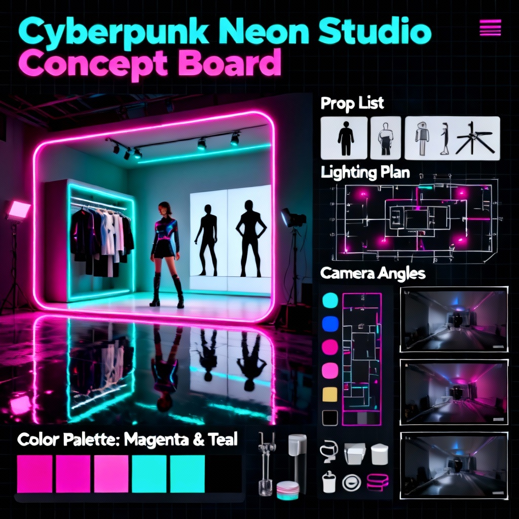 AI themed photoshoot concept board in neon cyberpunk studio with lighting plan