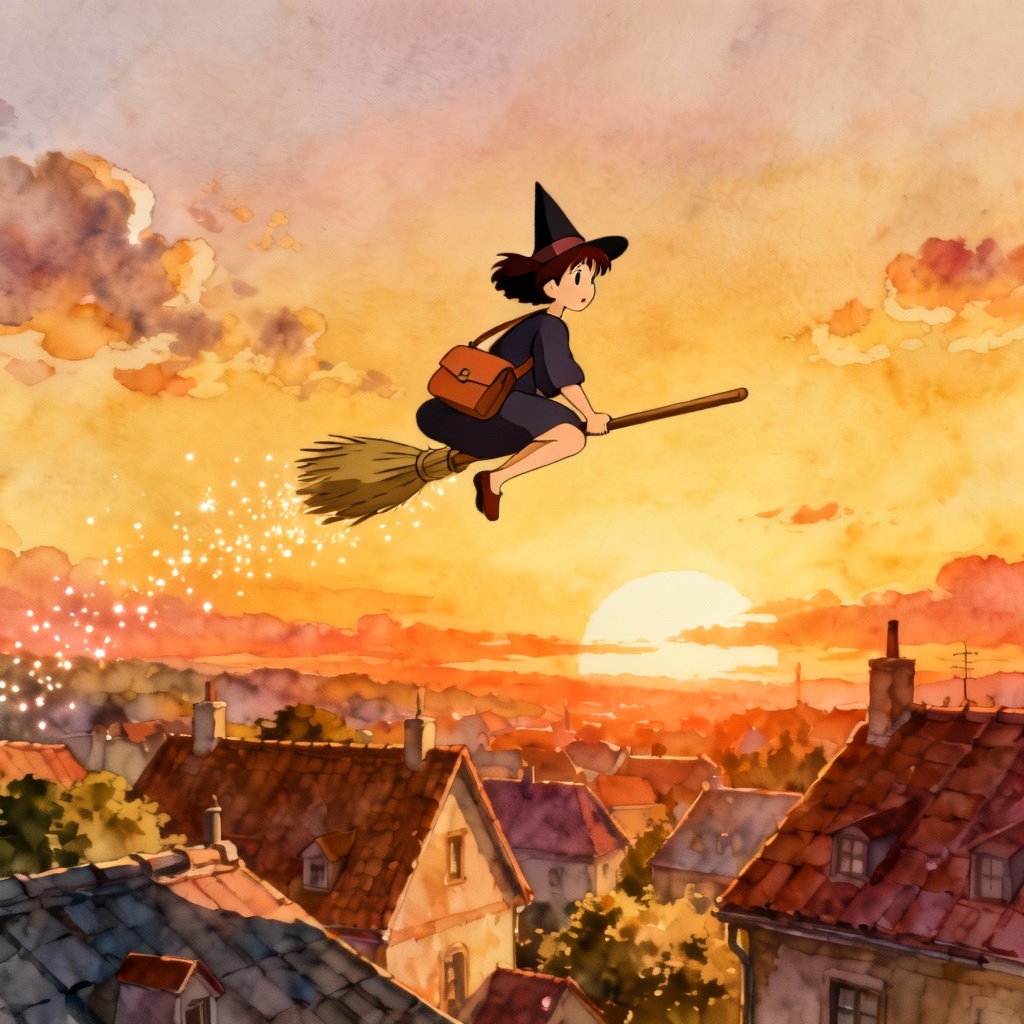 AI witch ghibli persona flying courier over rooftops at sunset
