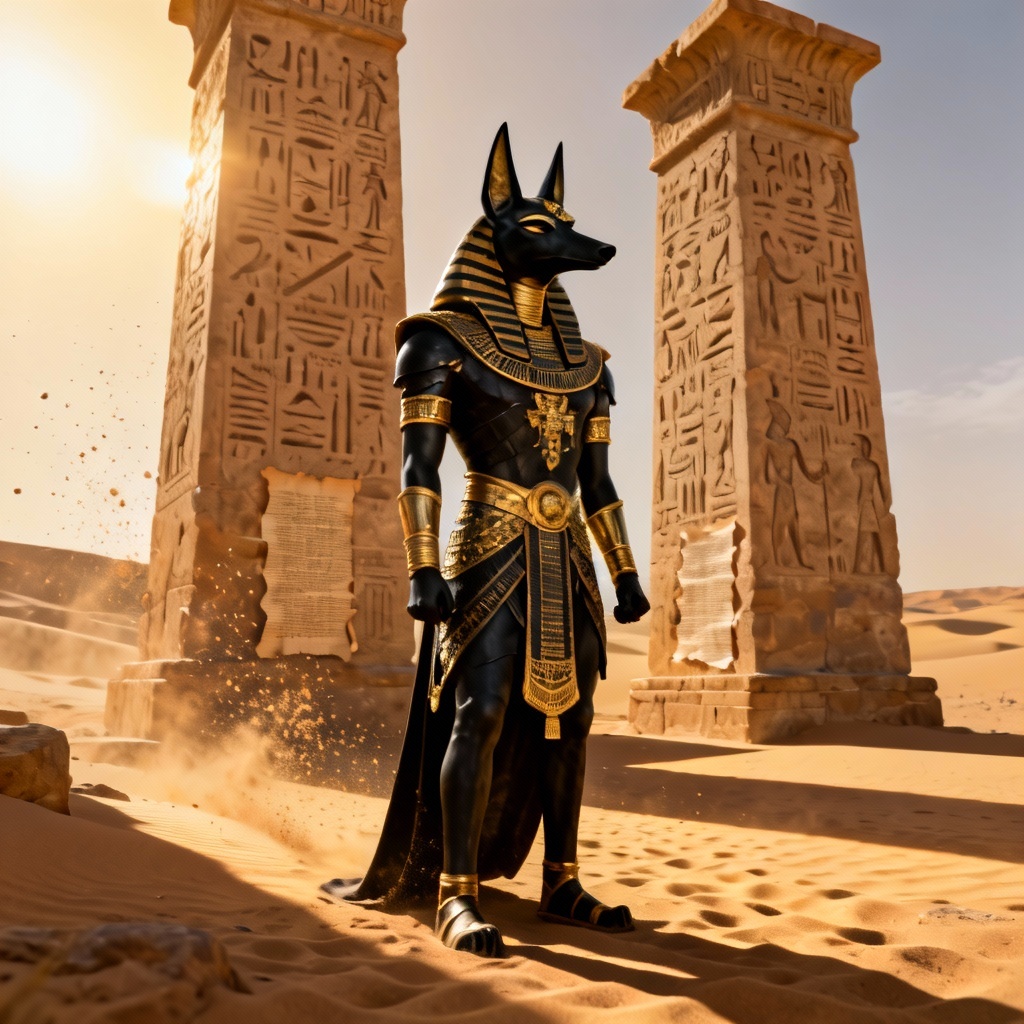 AI Anubis guardian standing at a sandstone temple gate