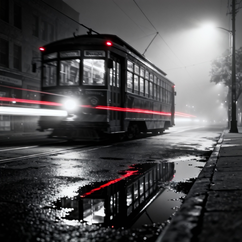 Noir night city street with streetcar light trails