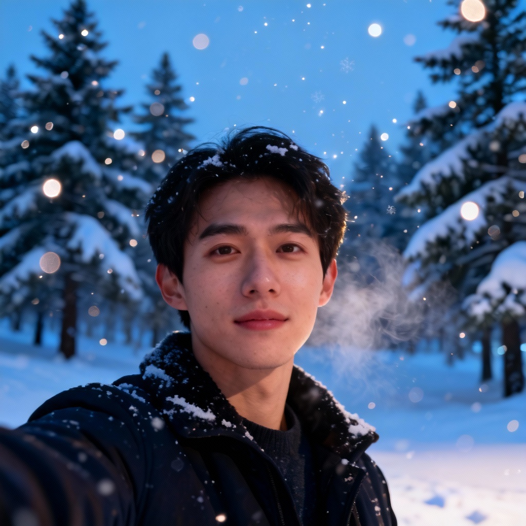 Selfie with winter wonderland background