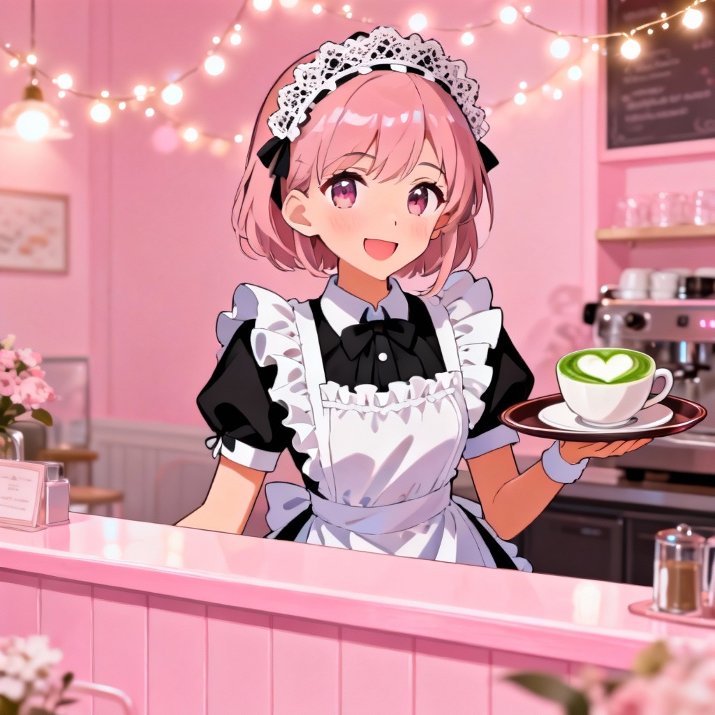 AI waifu maid cafe barista with pastel cafe aesthetic