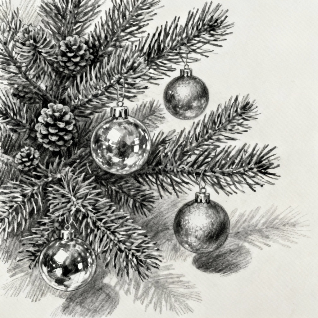 AI realistic pencil sketch of a decorated Christmas tree