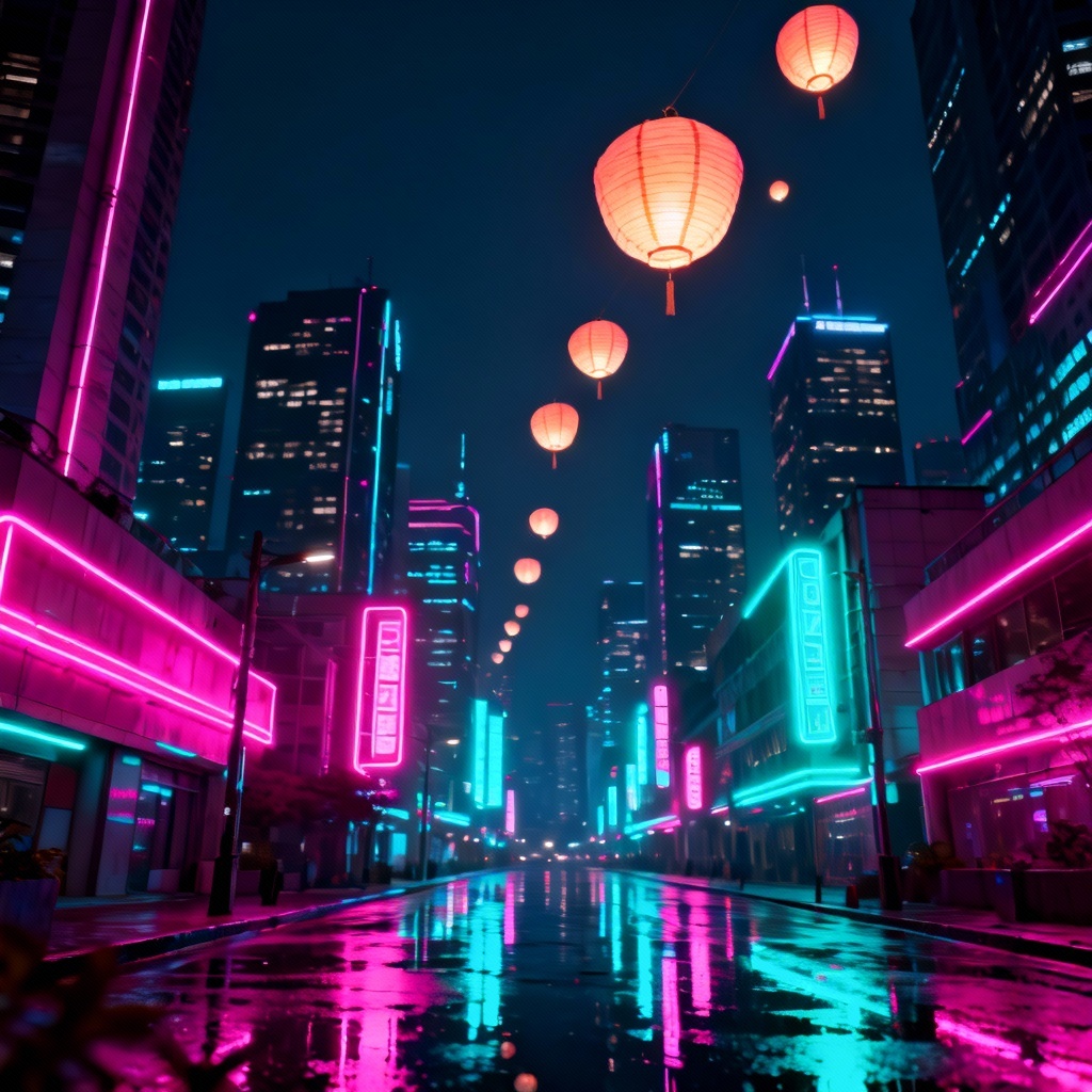 AI neon cyber lantern sky background
