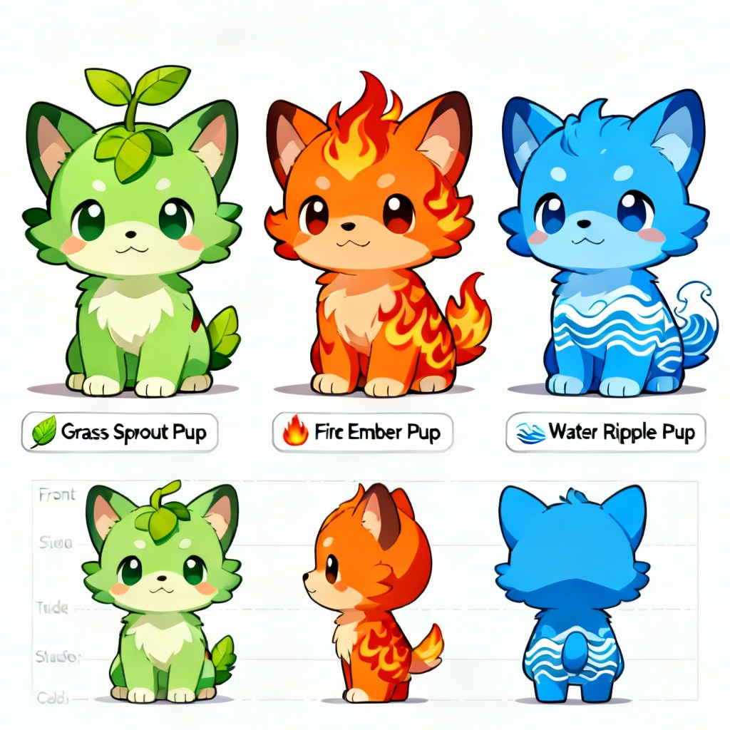 AI Starter Fakemon trio lineup for grass, fire, and water