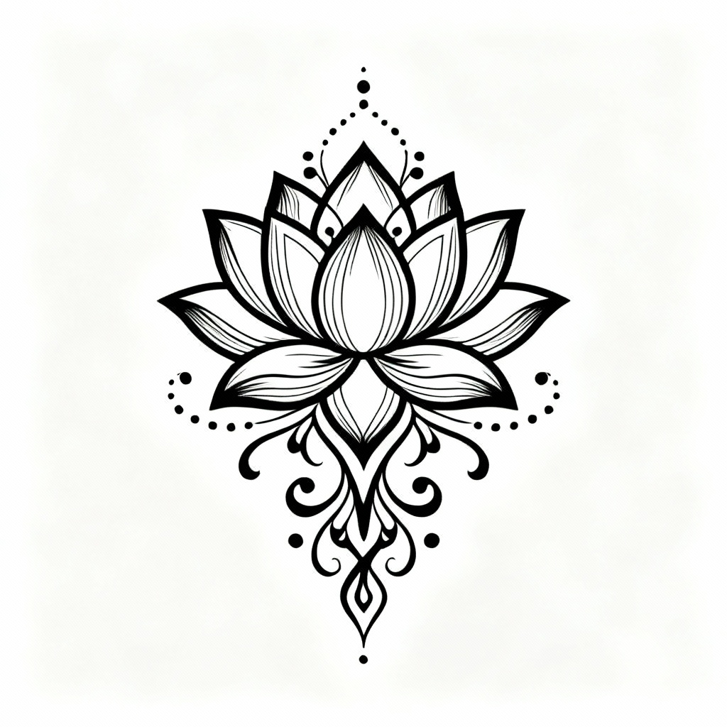 Blackwork lotus tattoo stencil with ornamental lines