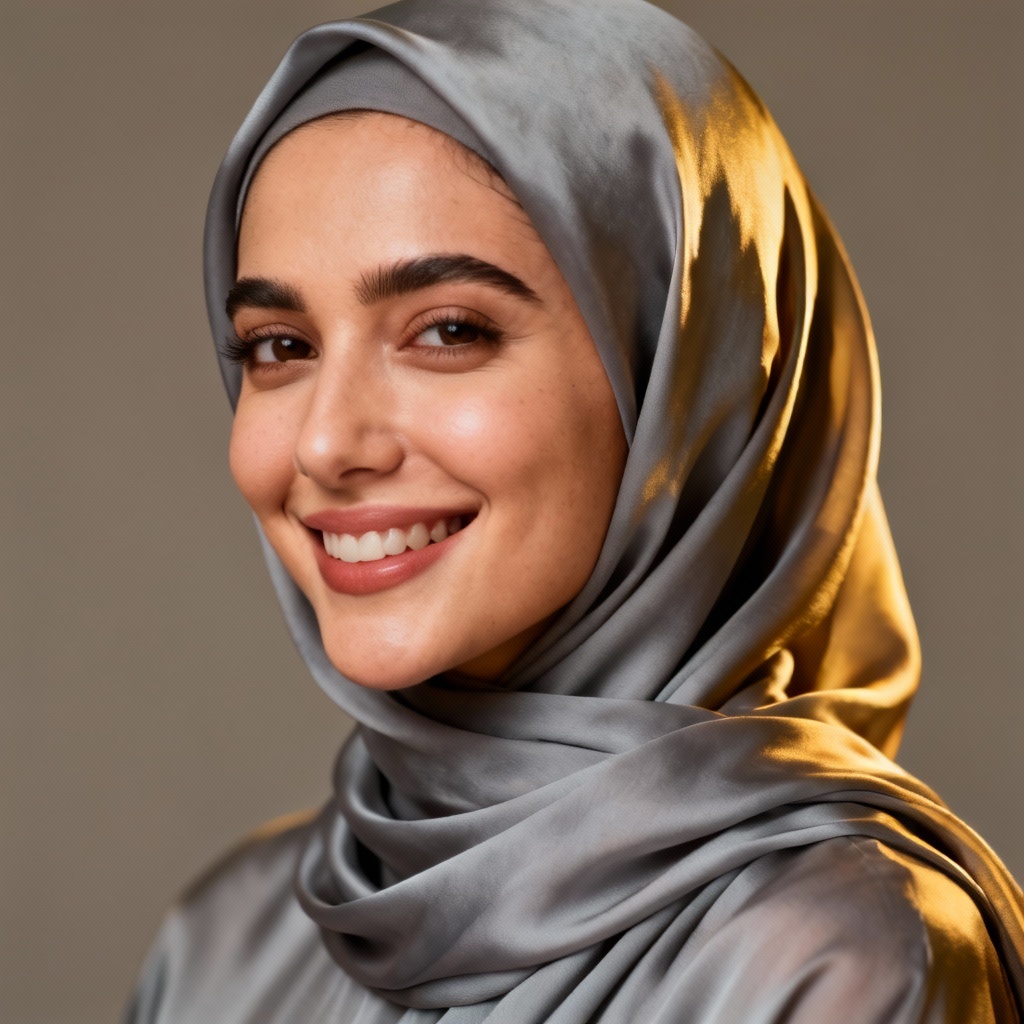 AI generated elegant studio portrait with soft gray chiffon hijab