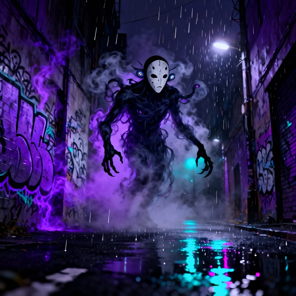 AI curse spirit emerging from neon alley