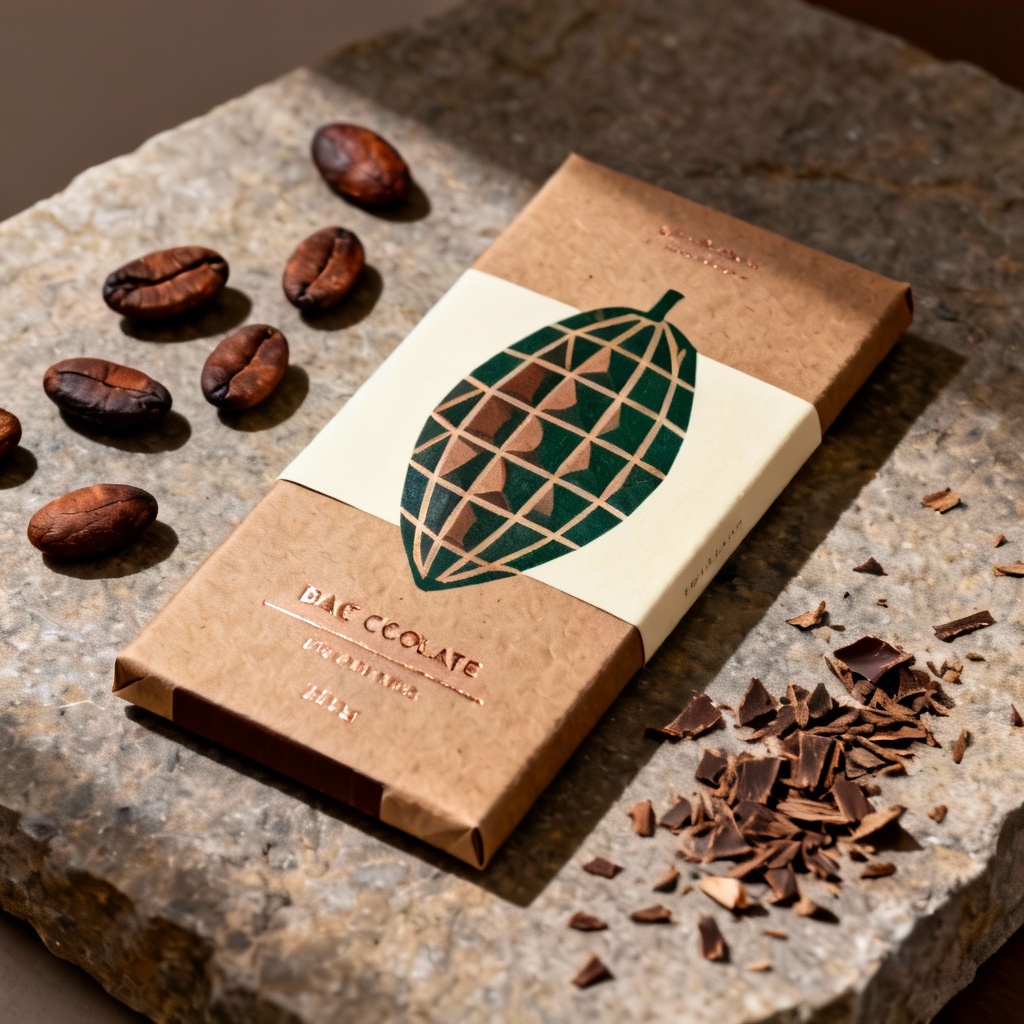 Minimal dark chocolate packaging concept with cocoa motif