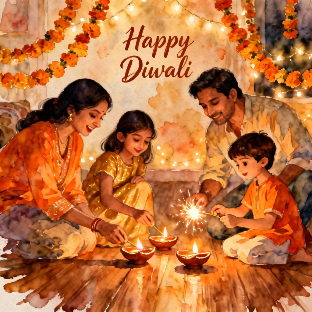 Warm family Diwali greeting card with diyas and sparklers