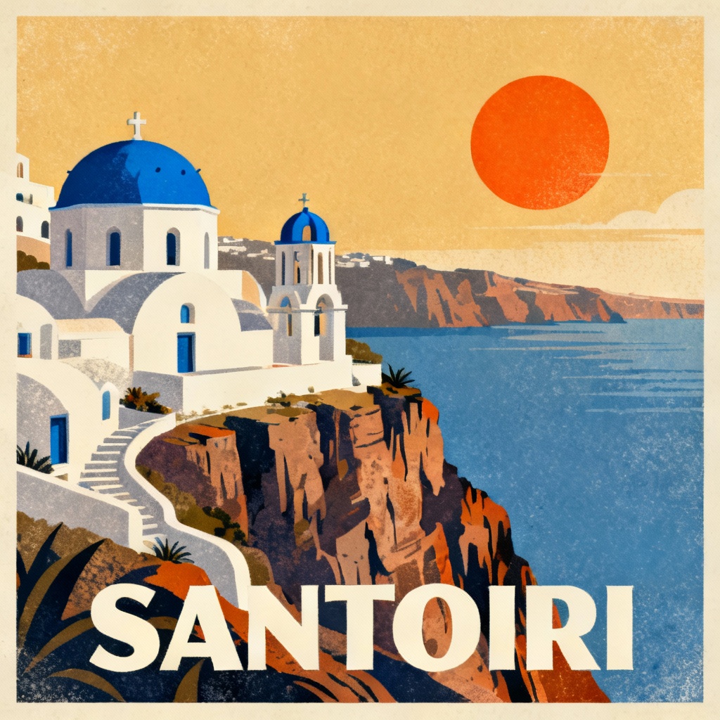 AI vintage Greece travel poster with Santorini art
