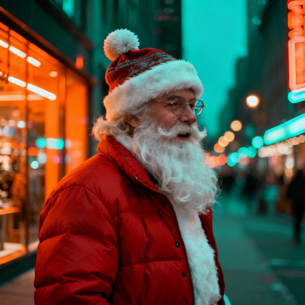 AI modern streetwear Santa with city lights