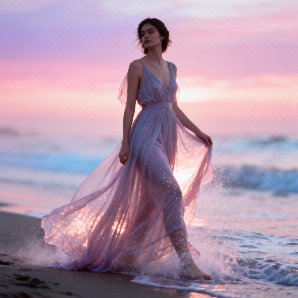 AI wet look dress by the seaside