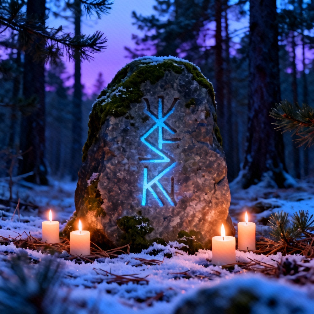 AI runestone lit by candles with Norse runes foretelling a saga
