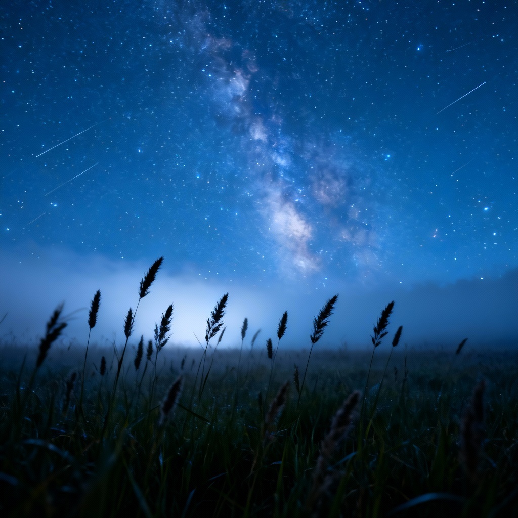Prairie at night with a bright Milky Way sky