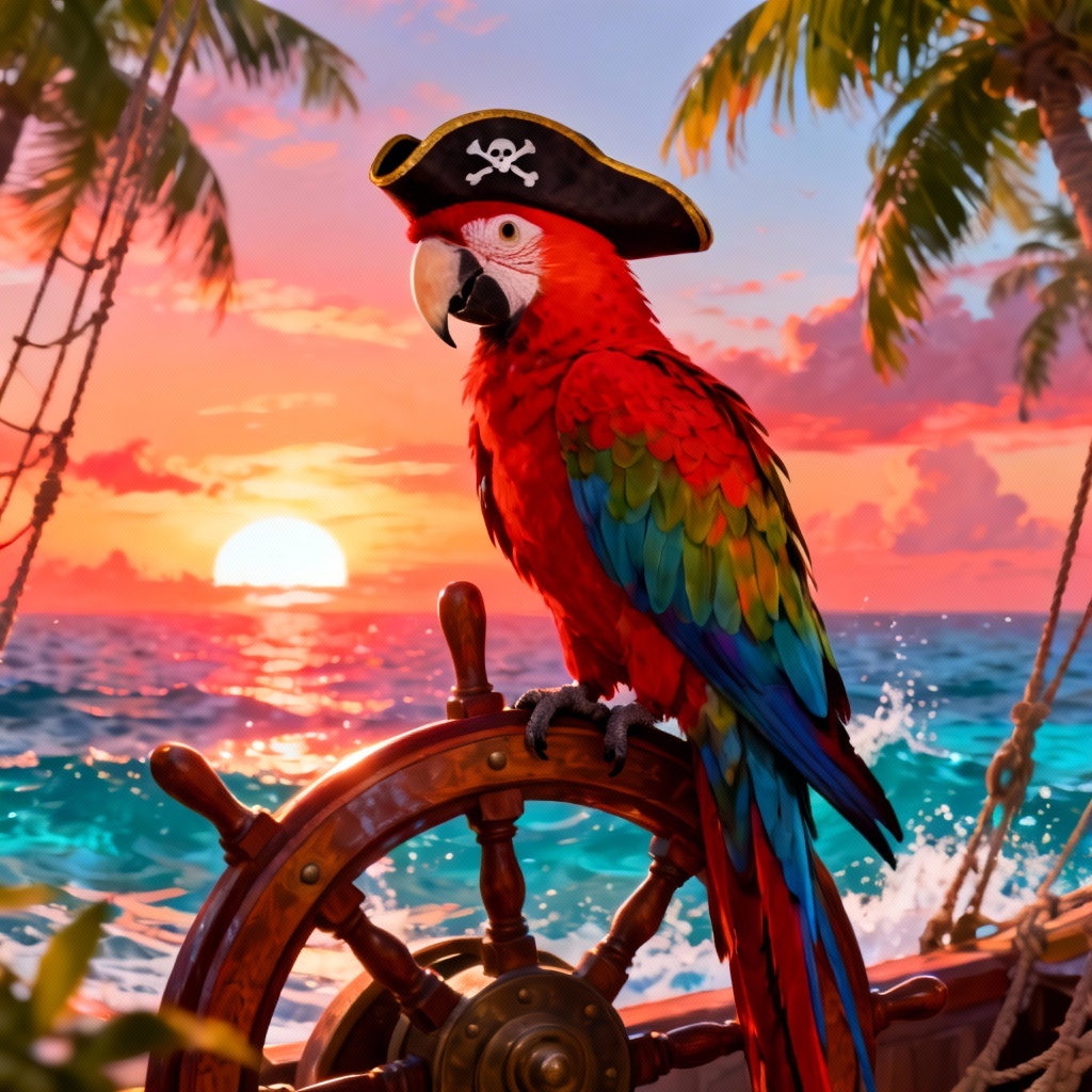 AI colorful parrot pirate fantasy scene at sunset