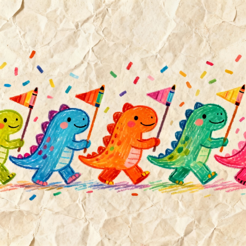 AI childlike doodle dinosaurs marching with flags