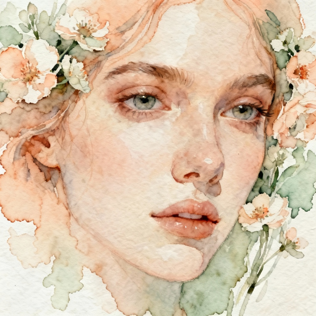AI watercolor Ophelia closeup with floral framing