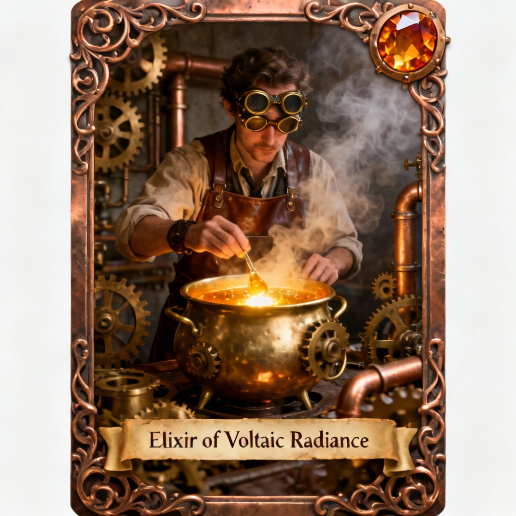 AI magic card of a clockwork alchemist with steampunk details
