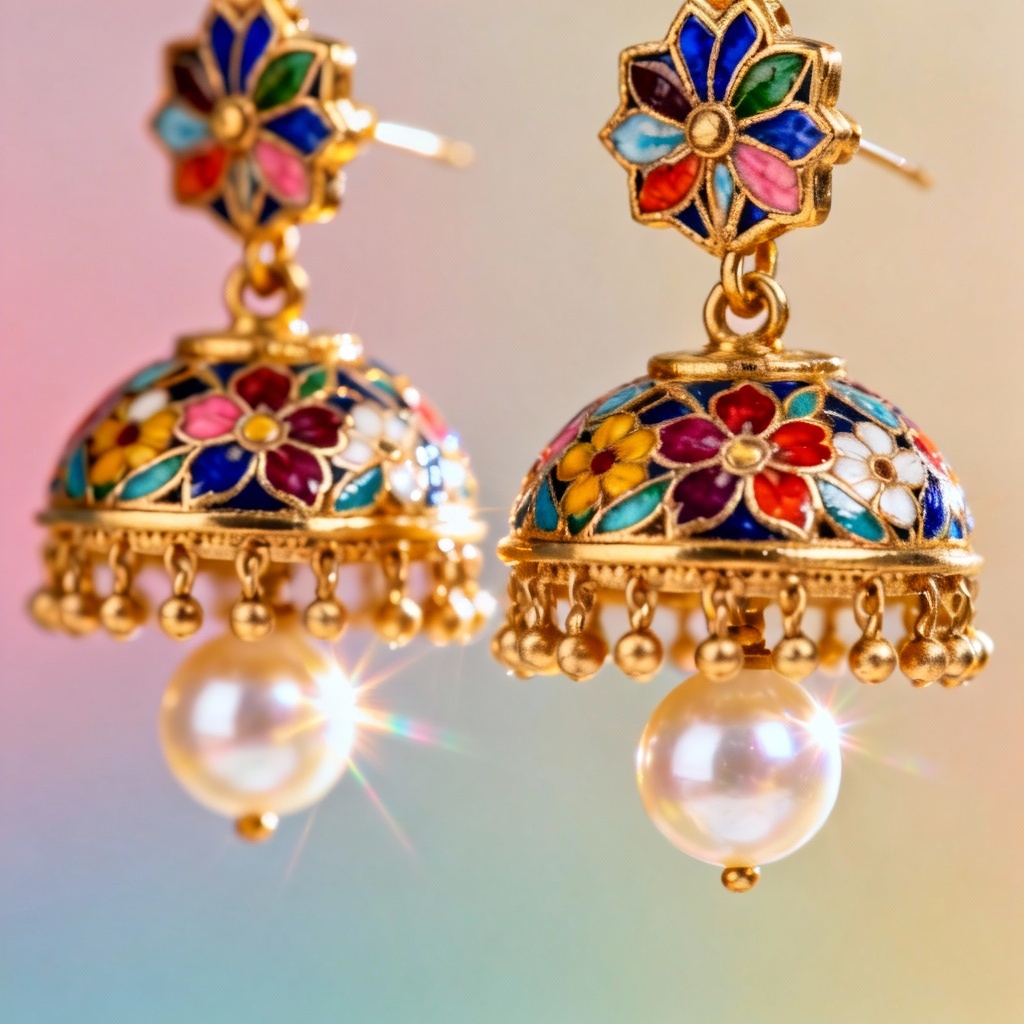 AI Meenakari jhumka earrings with floral enamel and pearls