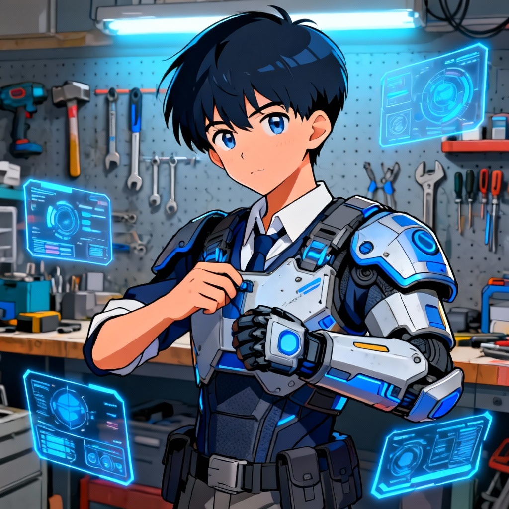 AI MHA tech armor student suiting up in workshop