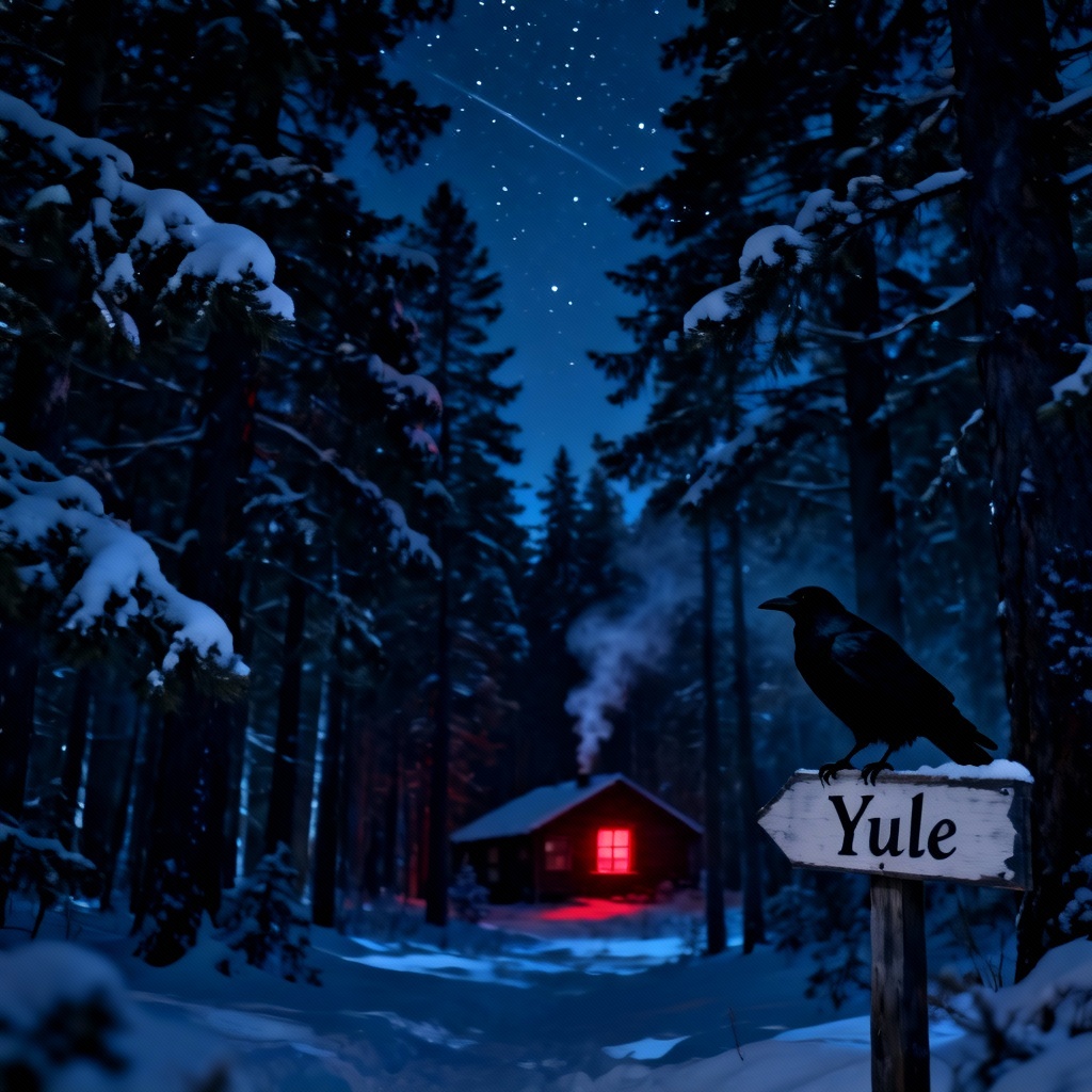 AI dark winter forest with eerie Christmas glow