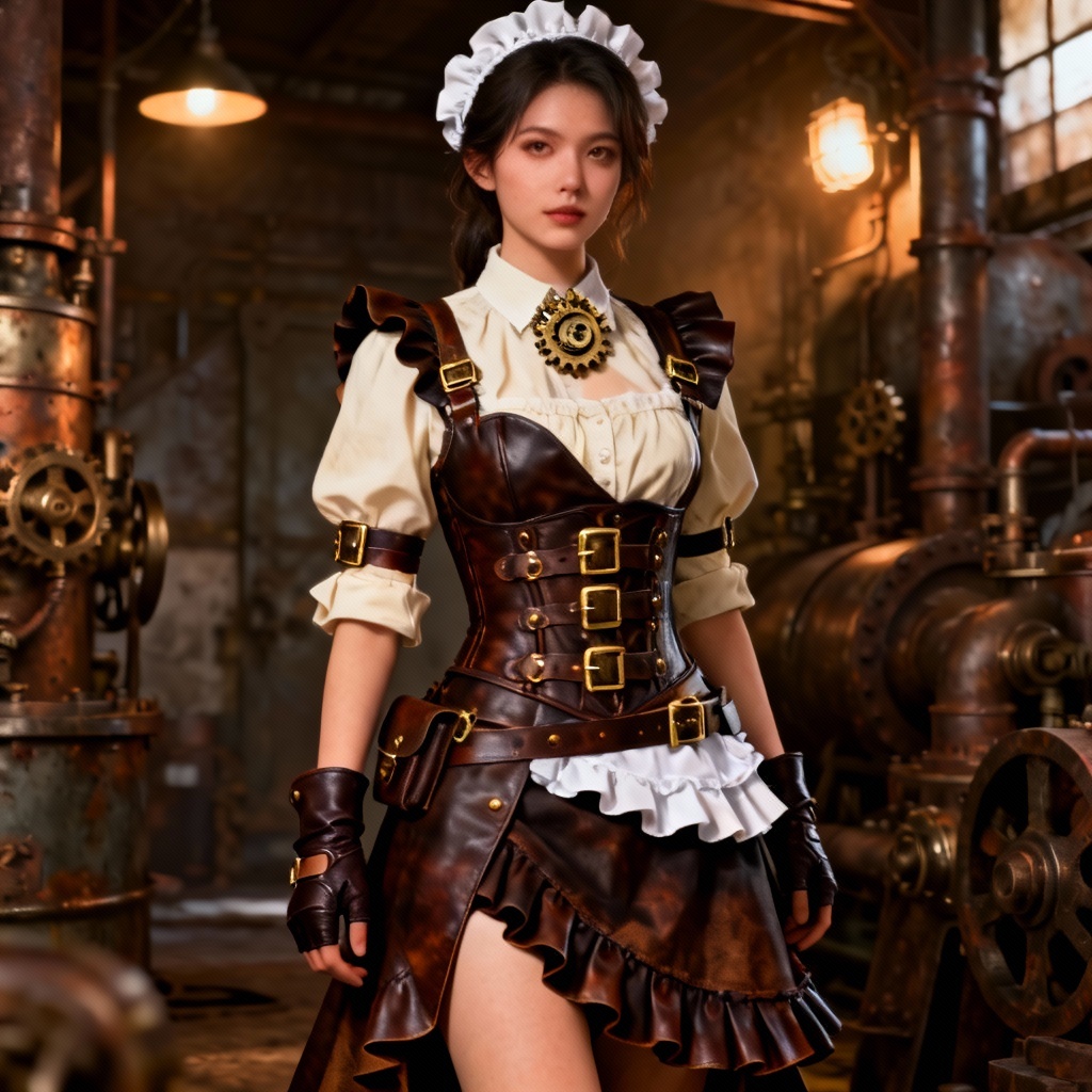 AI steampunk maid dress with corset and brass details