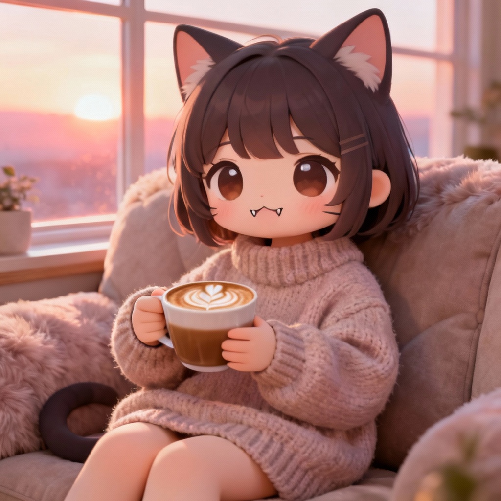 AI chibi cat girl with cozy sweater and latte