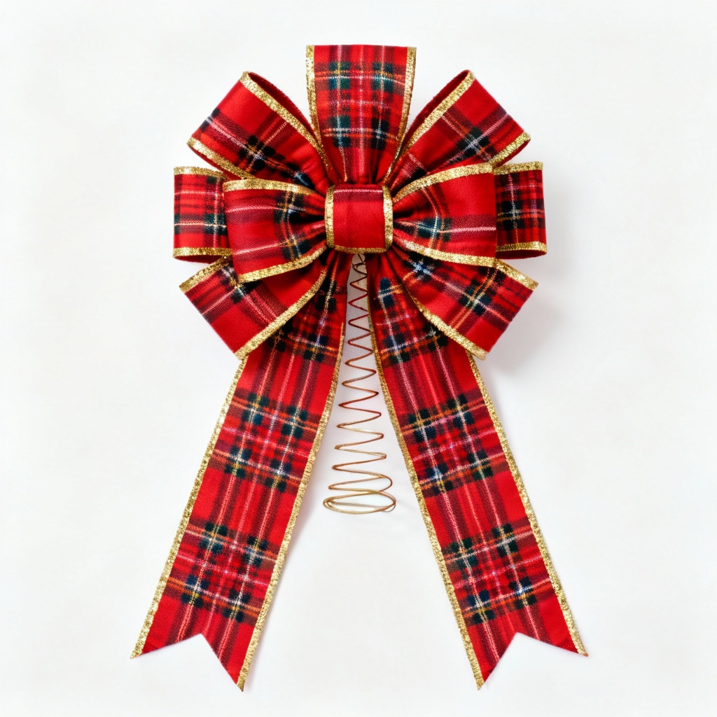 AI red plaid Christmas tree topper bow design with long tails