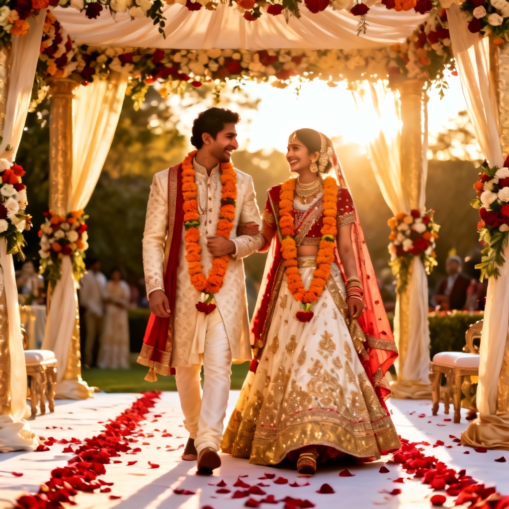 AI Indian wedding couple under floral mandap at sunset