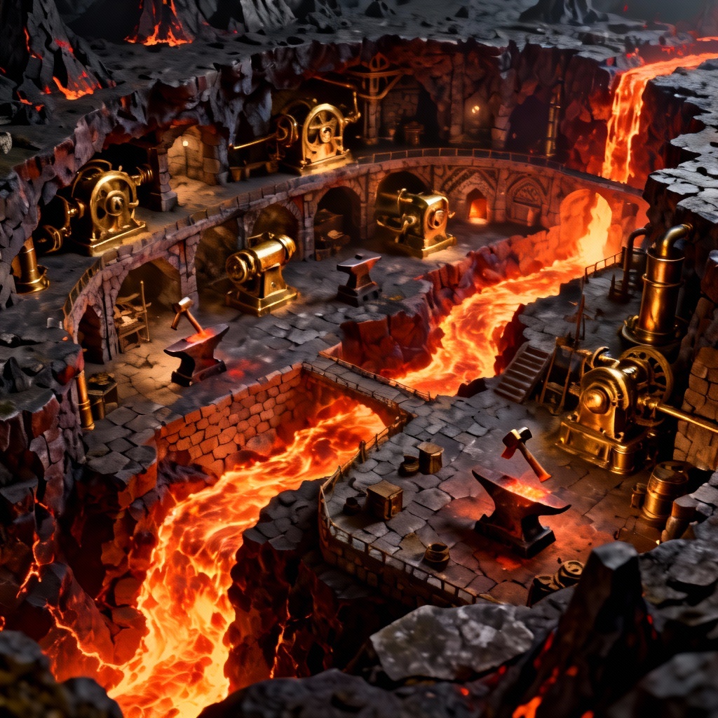 AI dwarven forge city inside a volcano