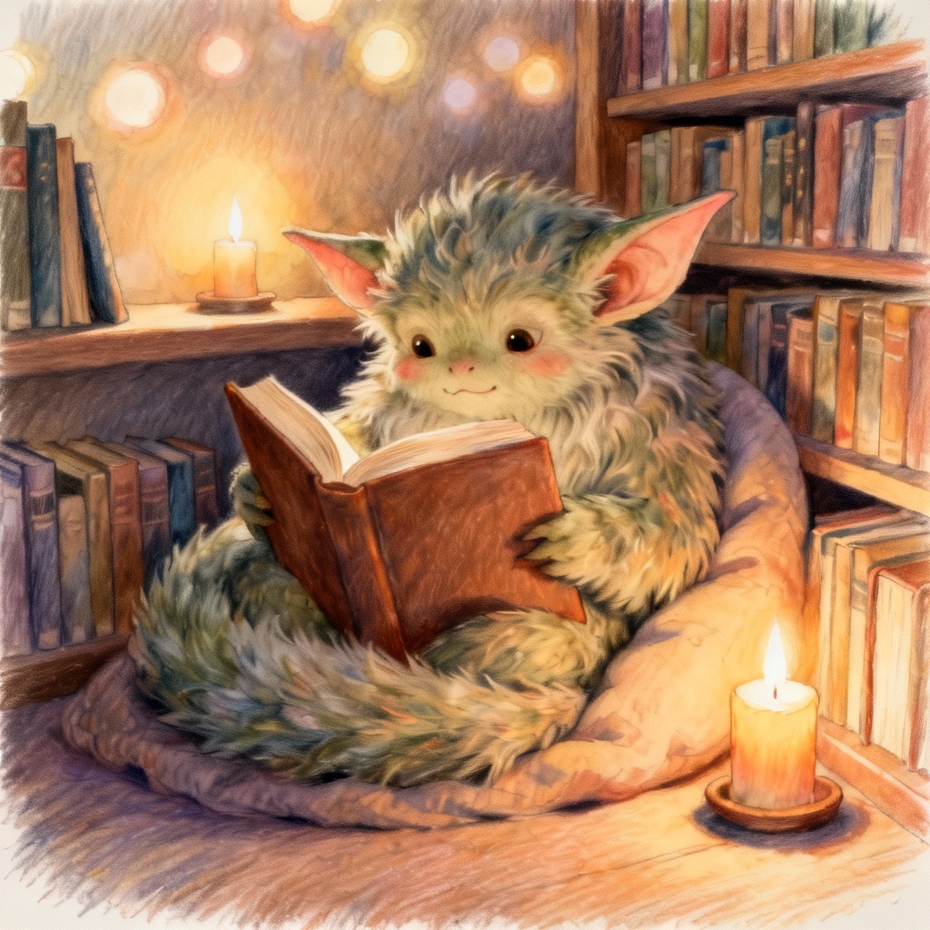 Cute bookish gremlin reading in a warm library