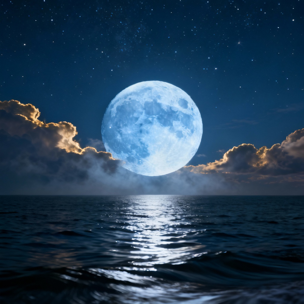 AI full moon over ocean with silver-blue glow