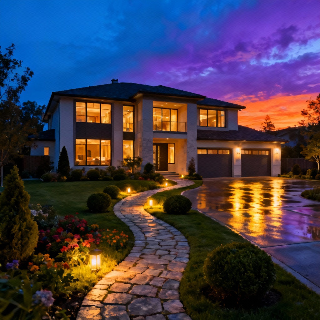 AI twilight exterior photo of luxury home