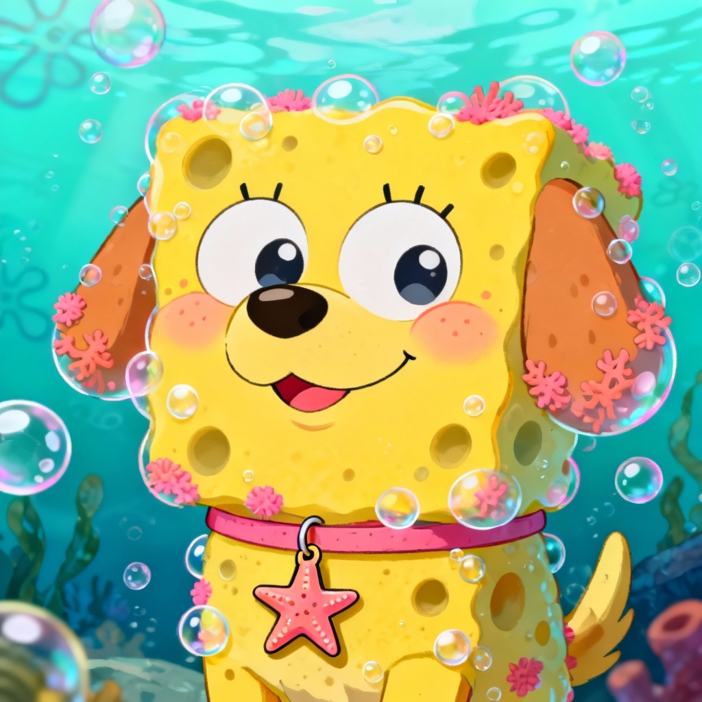 AI Spongebob style pet portrait with bubbles and coral