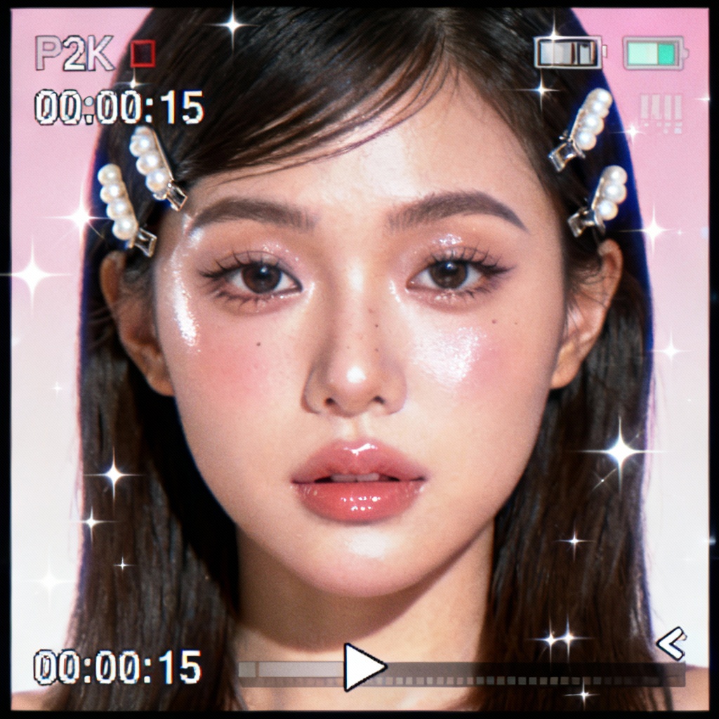 AI Y2K camcorder-style portrait with VHS timestamp and sparkle overlay