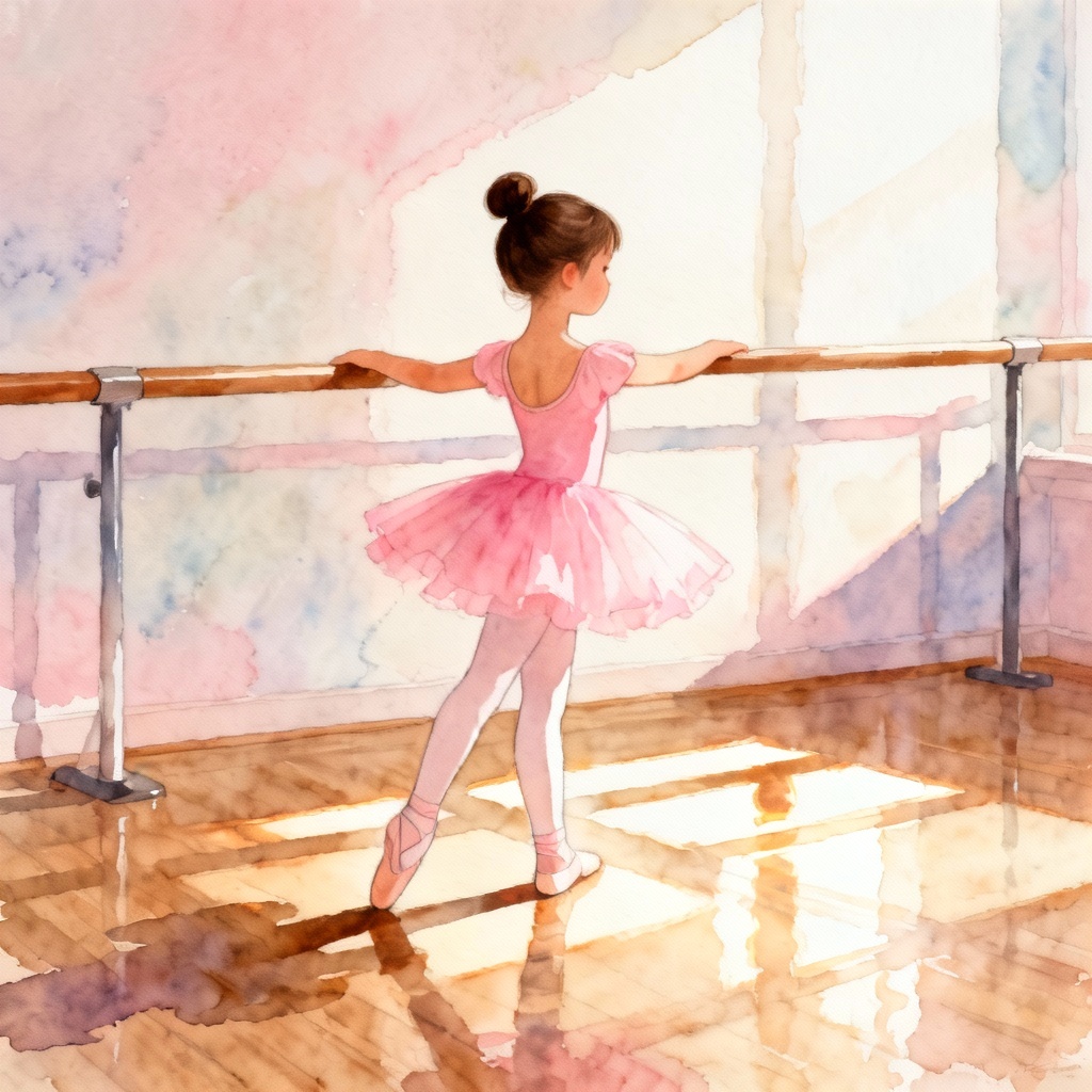 AI watercolor little girl ballerina practicing