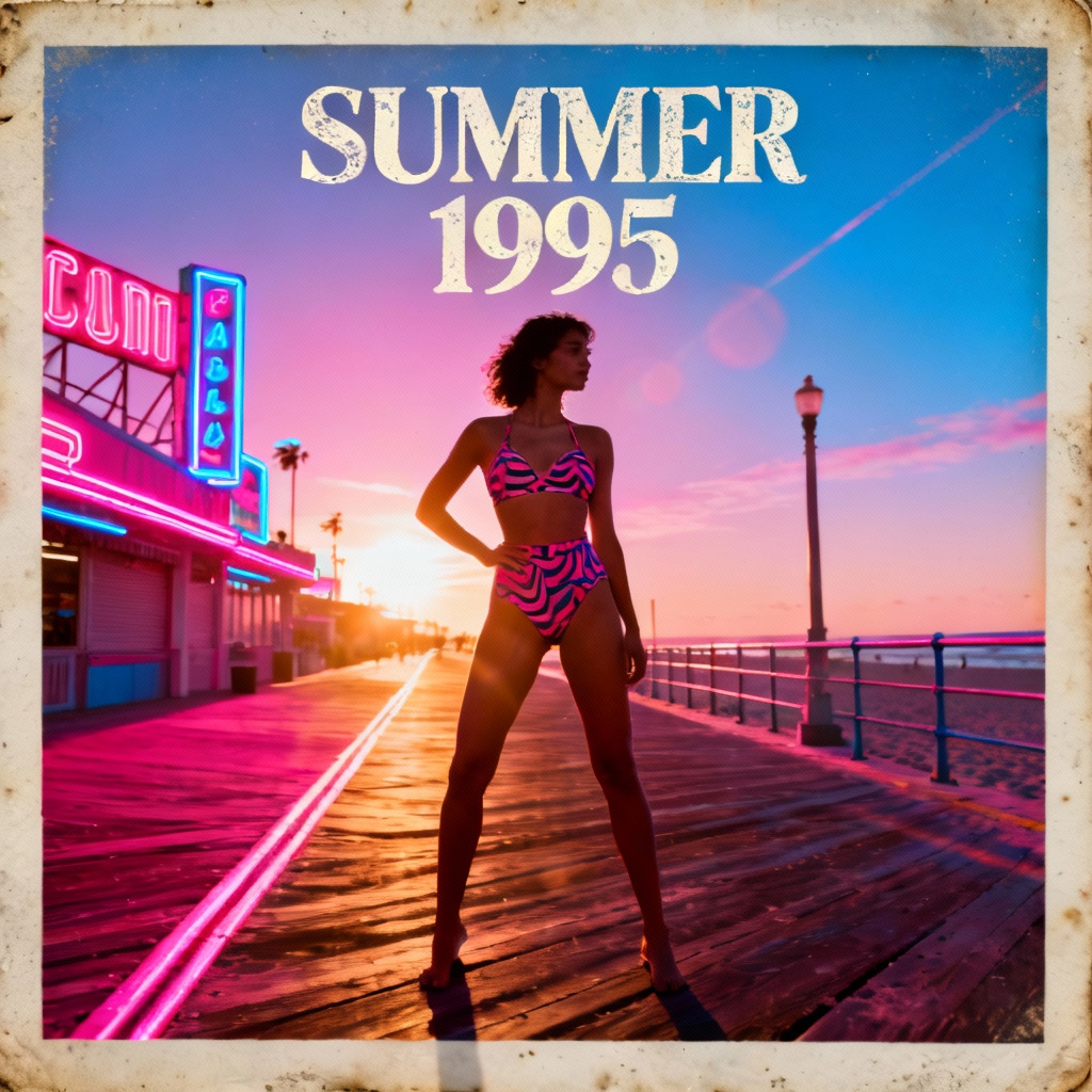 Retro 90s high-waist bikini editorial on boardwalk